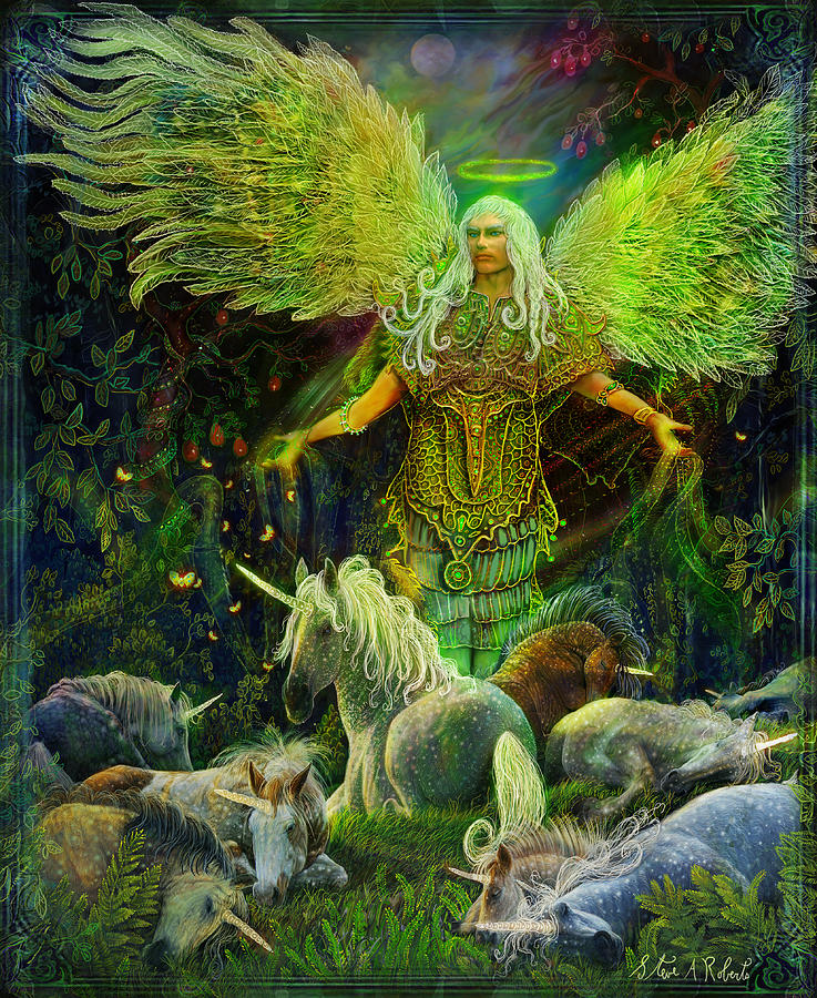 Fantasy Painting - Archangel Raphael Protector of Unicorns by Steve Roberts