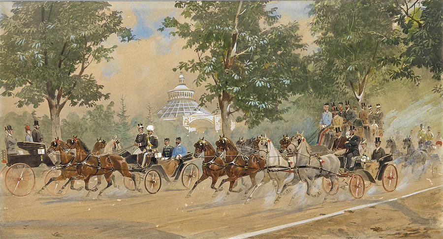 Archduke Franz Ferdinand and numerous members of the imperial court leaving the Rotunde in the Prate Drawing by Heinrich Gottfried Wilda
