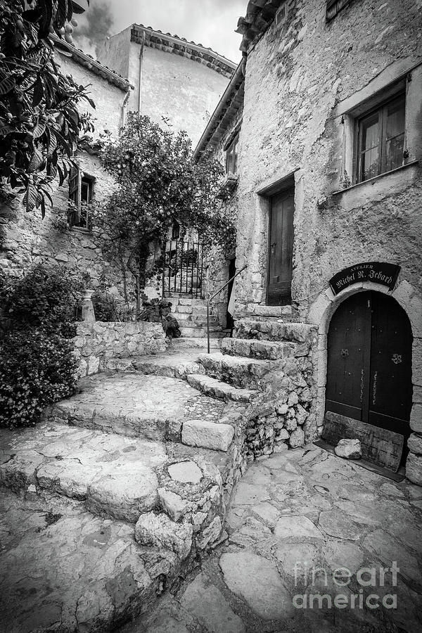 Arched Cobblestone Stairway In Eze, France 2 Blk Wht Photograph by Liesl Walsh