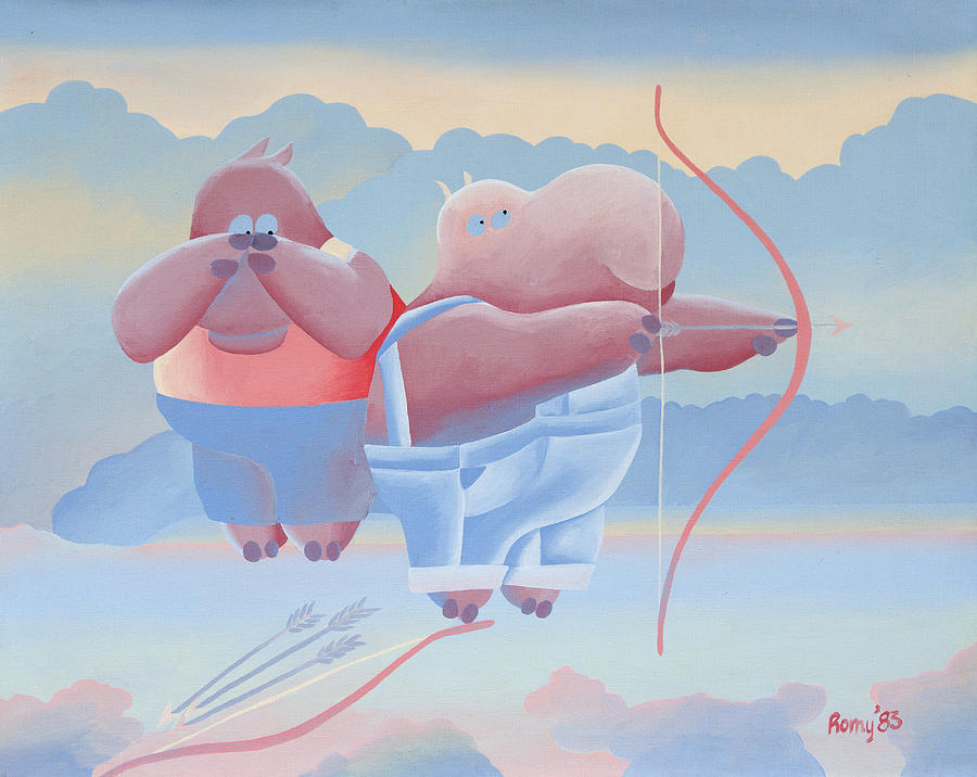 Humorous Painting - Archery Hippos by Romy Muirhead