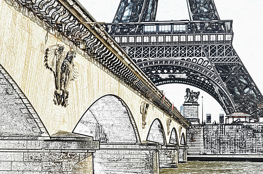 Arches and Imperial Eagles on Pont dlena below Eiffel Tower Paris France Colored Pencil Digital Art Digital Art by Shawn OBrien
