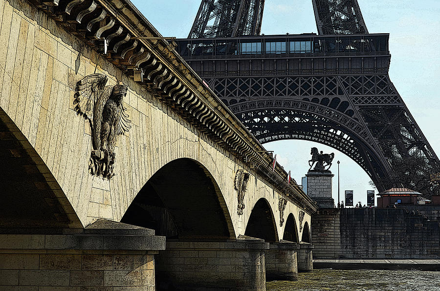 Arches and Imperial Eagles on Pont dlena below Eiffel Tower Paris France Poster Edges Digital Art Digital Art by Shawn OBrien