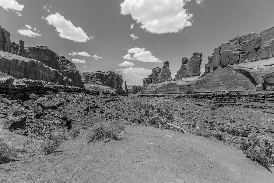 Arches National Park Park Avenue Black and White 2 Photograph by John McGraw