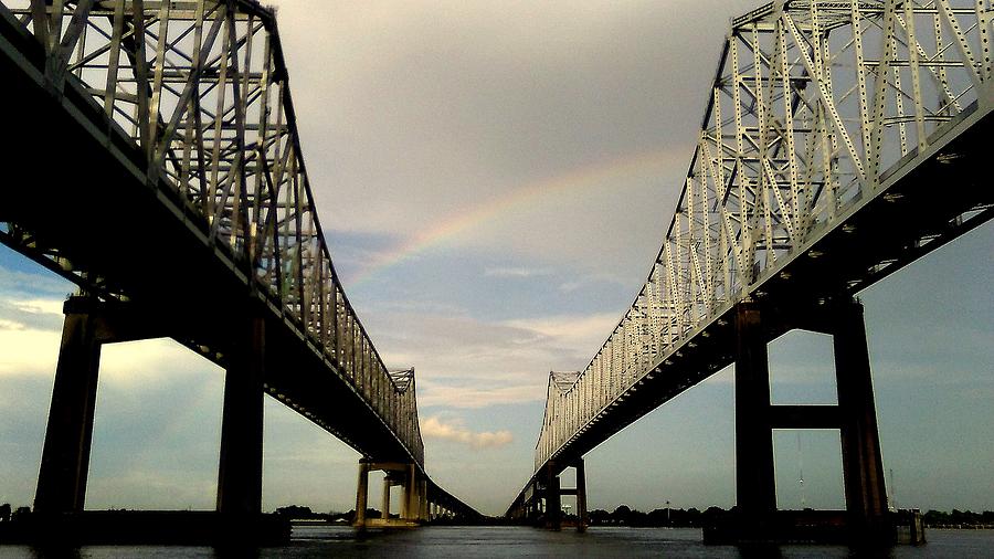 Arching Shimmer Rainbow Over The Crescent City Connection Bridges In New Orleans Photograph