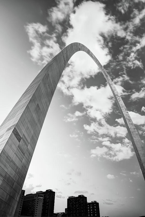 Black And White Photograph - Architectural Saint Louis Arch and Skyline in Black and White by Gregory Ballos