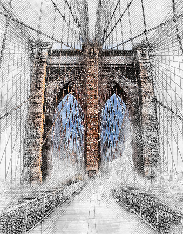 Architectural sketch Brooklyn Bridge Digital Art by Louis Ferreira