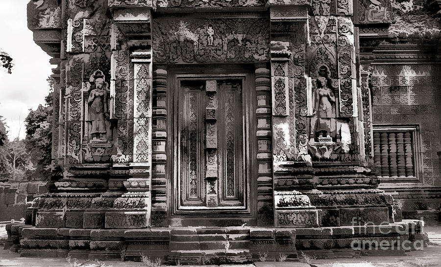 Architecture Close Up 10th Century Cambodia Temple Sepia  Photograph by Chuck Kuhn