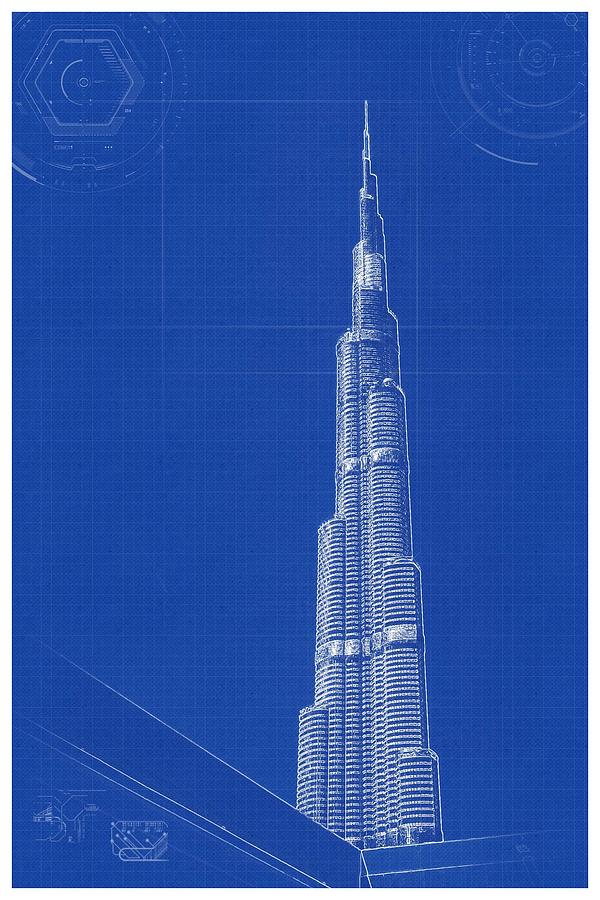 Archtecture Blueprint  Burj Khalifa Painting by Celestial Images