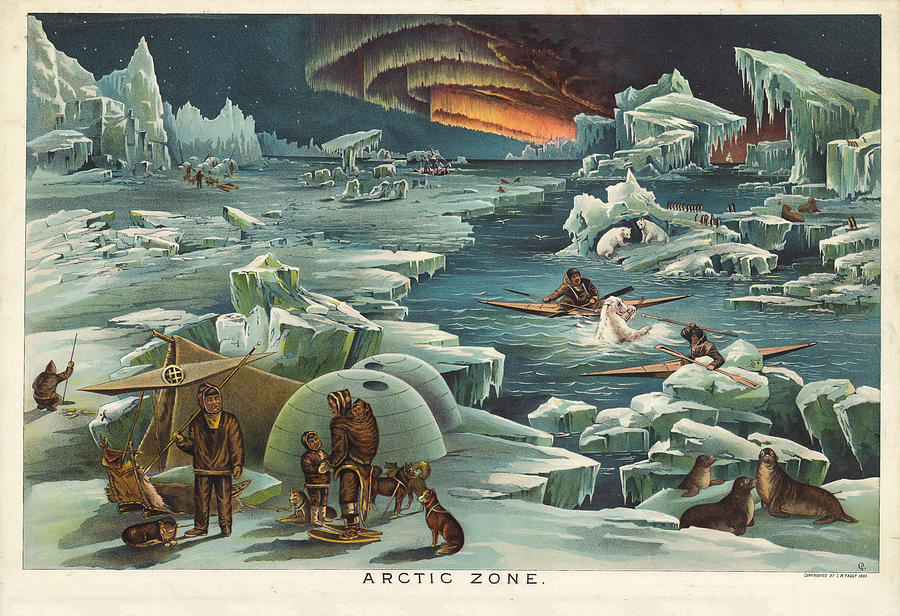 Arctic Zone - Old Historic Atlas - Illustrated Chart - Polar region - Eskimos - Igloo - Icebergs Drawing by Studio Grafiikka