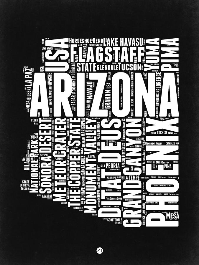 Independence Day Digital Art - Arizona Black and White Word Cloud Map by Naxart Studio
