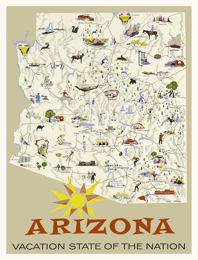Arizona, vacation, map with legends Painting by Long Shot