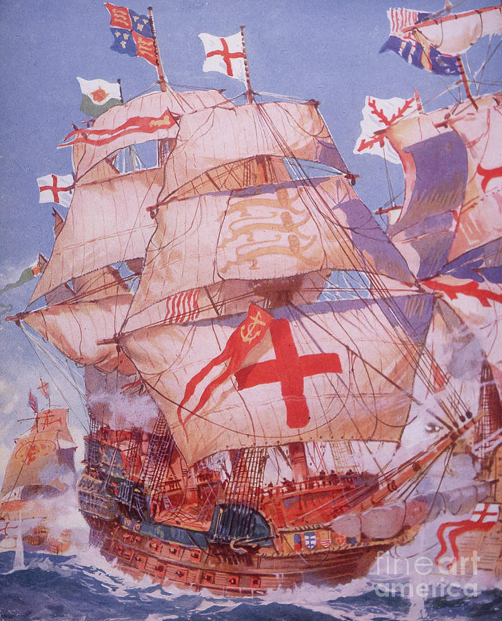 Ark Royal fighting Spanish Armada in 1588 Painting by British School