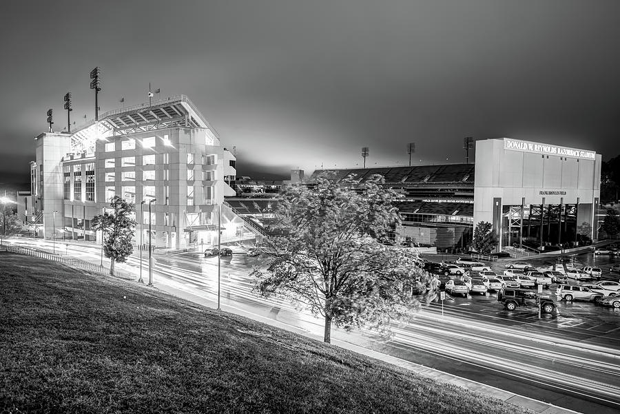 Black And White Photograph - Fayetteville Arkansas Football Stadium Illumination In Black And White by Gregory Ballos