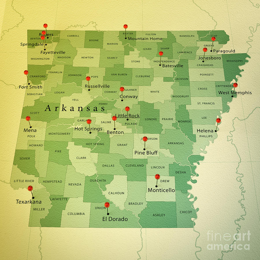 Arkansas State Map Square Cities Straight Pin Vintage Digital Art by Frank Ramspott