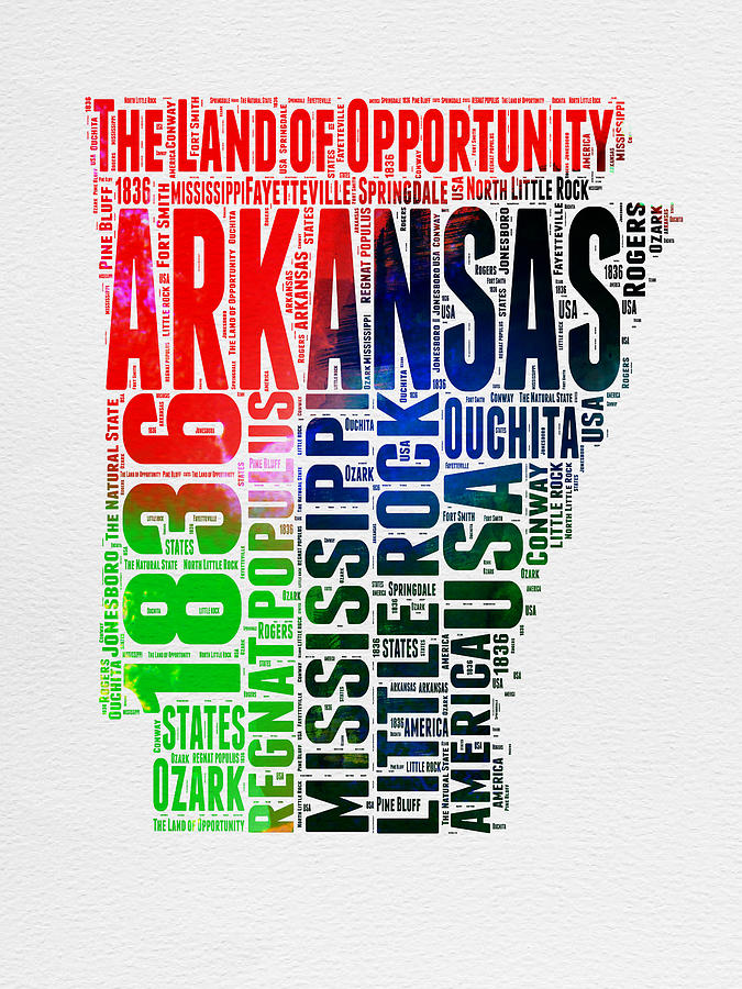 Arkansas Map Digital Art - Arkansas Watercolor Word Cloud  by Naxart Studio