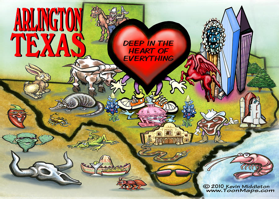 Arlington Texas Cartoon Map Digital Art by Kevin Middleton