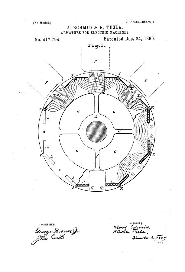 Armature for electric machines Patent Drawing from 1889 - Black and ...