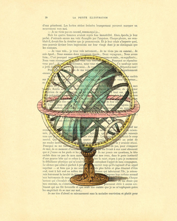 Globe Digital Art - Armillary Sphere In Color Antique Illustration On Book Page by Madame Memento