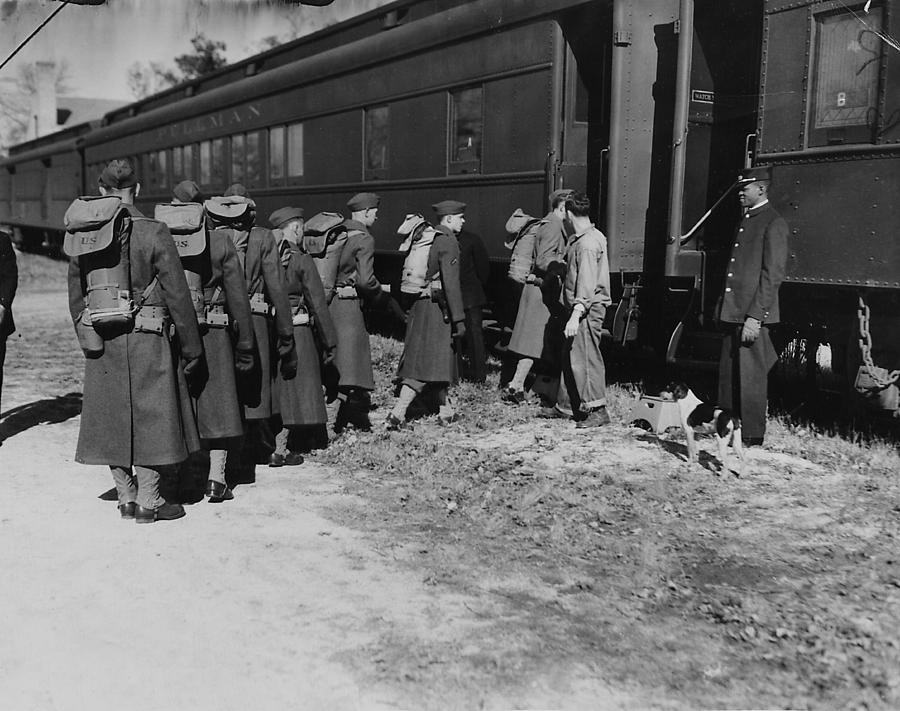Army Troops Line Up to Board Train Photograph by Chicago and North Western Historical Society