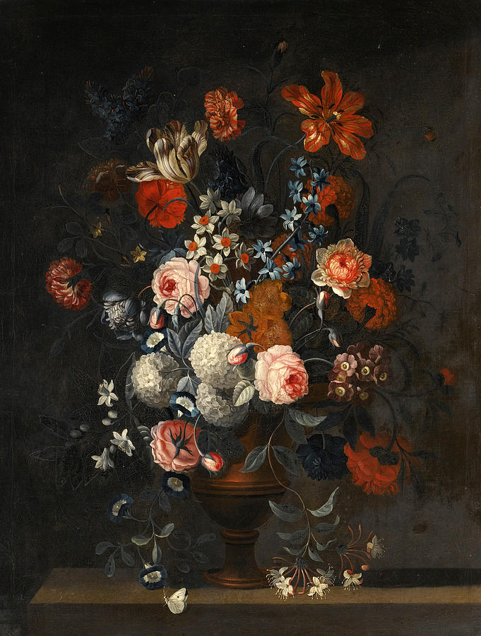 Arrangement of tulips a peonie forget-me-not and other flowers in a vase on a ledge Painting by Simon Hardime