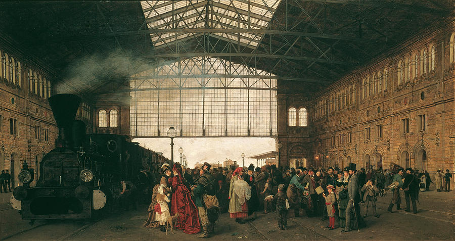 Arrival of a train at Vienna northwest-station Painting by Karl Karger