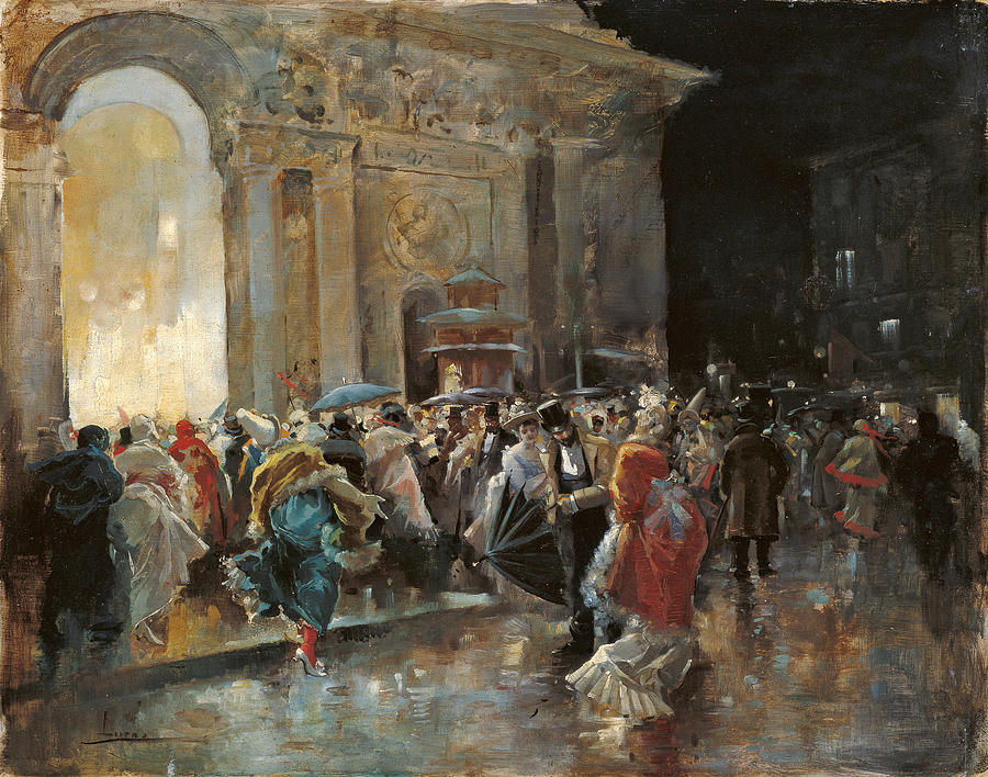 Arriving at the Theatre on the Night of a Masqued Ball Painting by Eugenio Lucas Villaamil