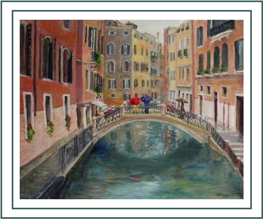 Art Card - Umbrellas in Venice Painting by Harriett Masterson