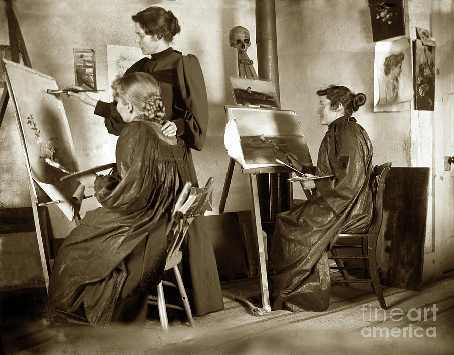 Vintage Photograph - Art Class Oil Painting teacher  and Art Students 1900 by Monterey County Historical Society