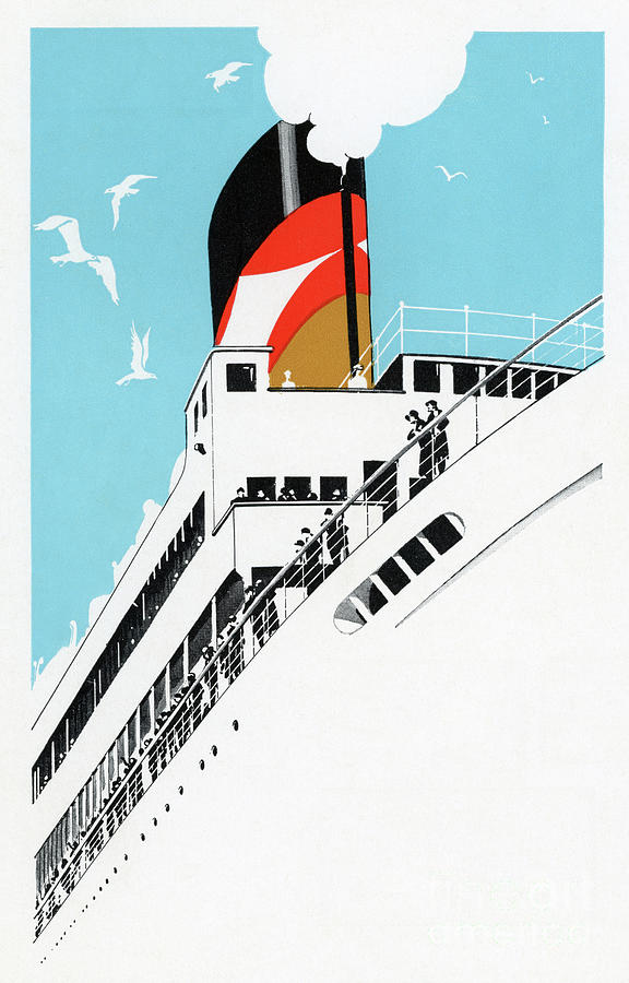 Art Deco 1920s Illustration Of A Cruise Ship With Passengers 1928