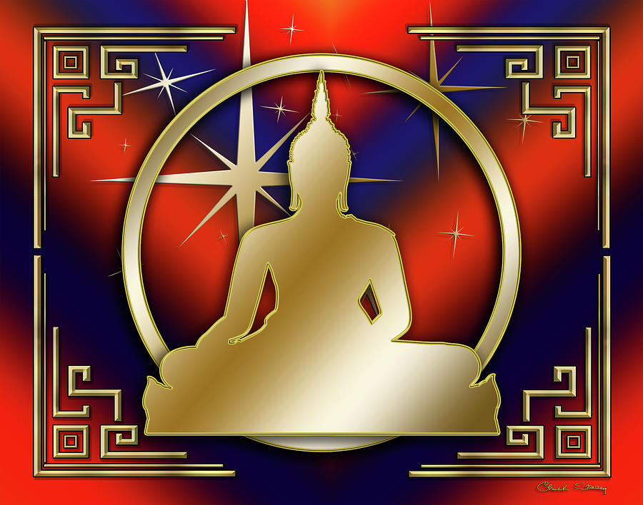 Art Deco Buddha - Stars - Dark Red Digital Art by Chuck Staley