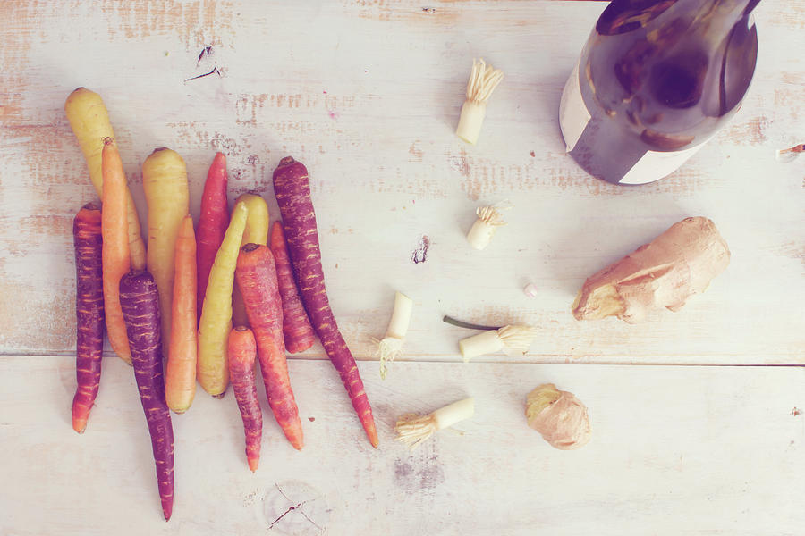 Art Of Cooking Flat Lay Fun Fresh Colorful Carrots, Cut Roots And Red Wine Bottle With Ginger Root Photograph