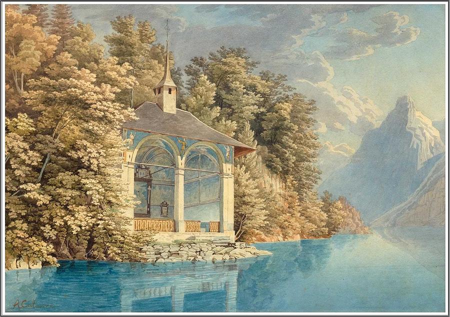 Arthur Calame 1843  1919 La Chapelle De Guillaume Tell Sur Le Lac Des Quatre Cantons Painting