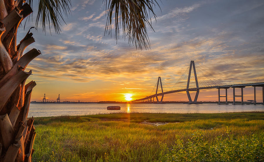 Arthur Ravenel Jr. Bridge and Cooper River at Sunset Photograph by Donnie Whitaker