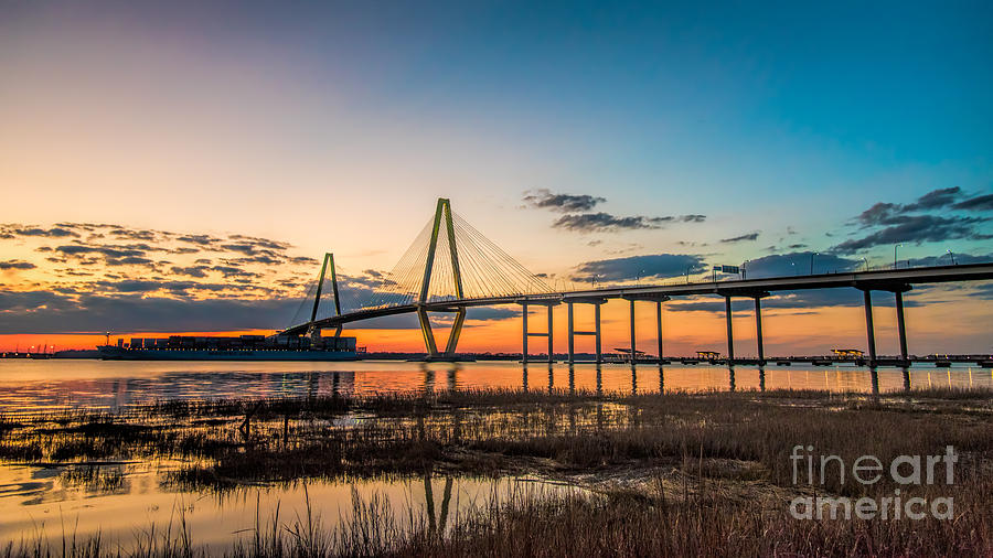 Arthur Ravenel Jr. Bridge at dusk Photograph by Robert Loe