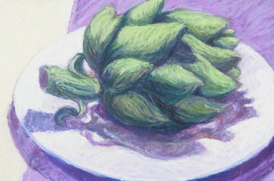 Still Life Painting - Artichoke on a White Plate by Dolores Holt