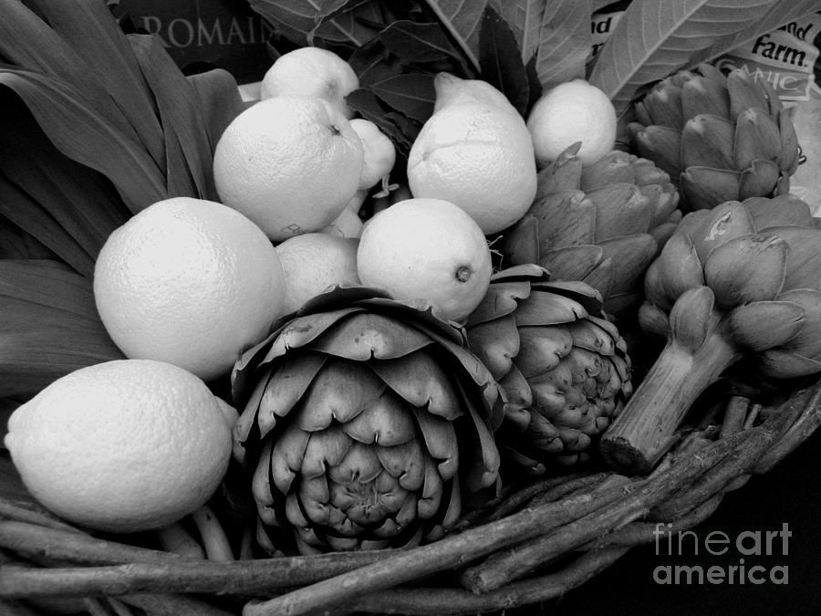Artichokes With White Lemons And Oranges Photograph