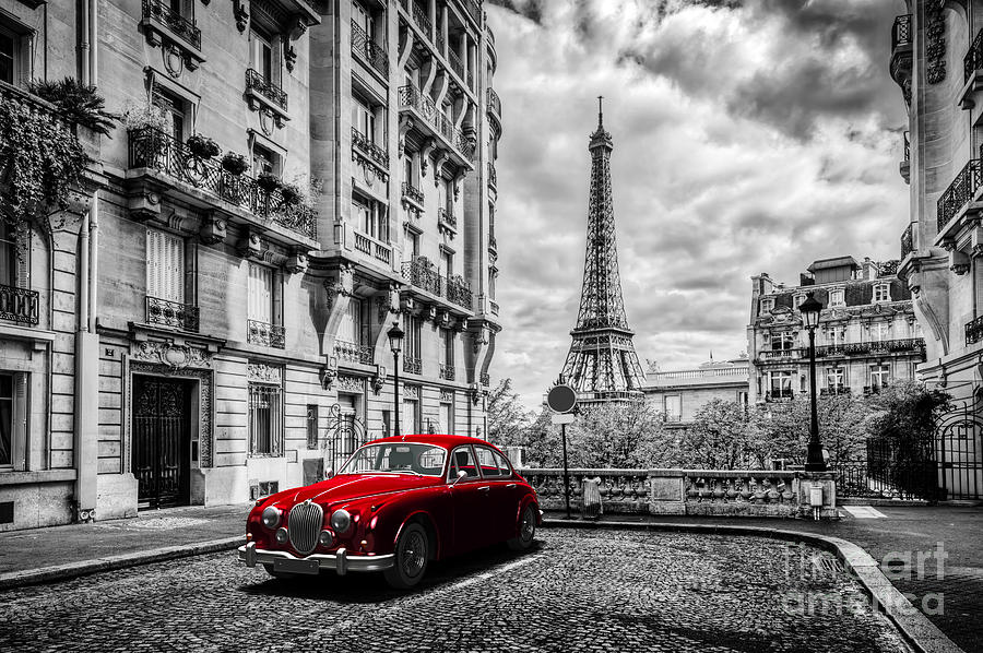 Paris Photograph - Artistic Paris, France. Eiffel Tower seen from the street with red retro limousine car by Michal Bednarek