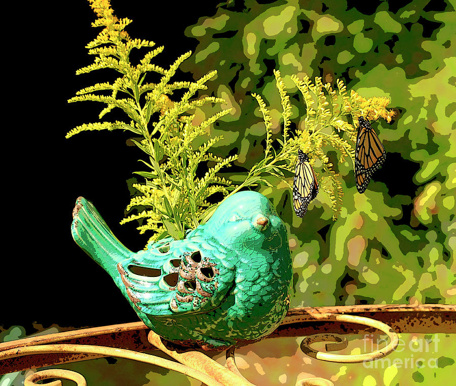 Artistic Teal Bird And Butterflies Photograph by Luana K Perez