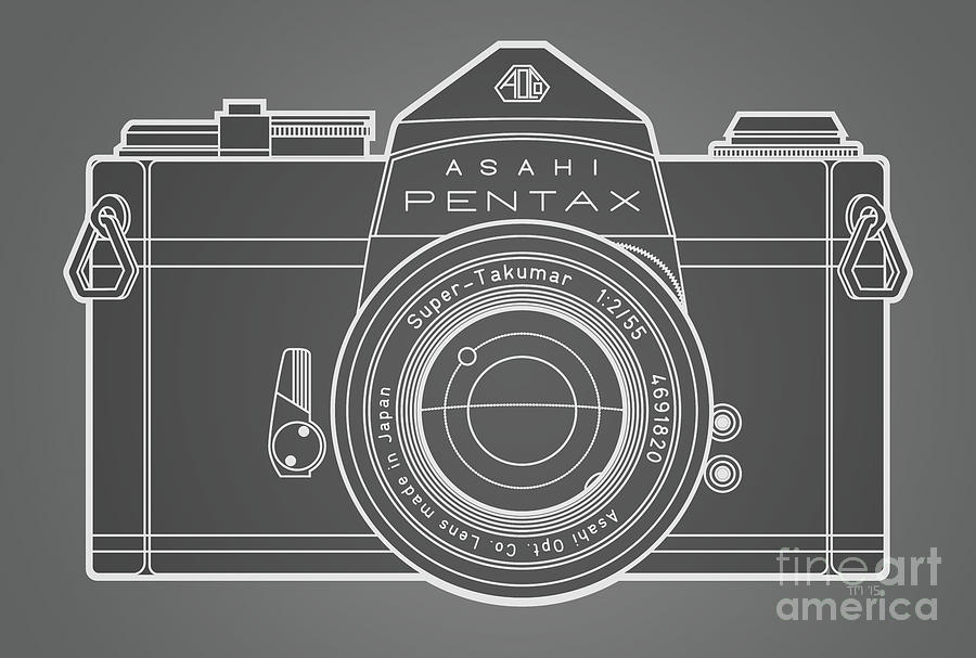 Black And White Digital Art - Asahi Pentax 35mm Analog SLR Camera Line Art Graphic White Outline by Tom Mayer II Monkey Crisis On Mars