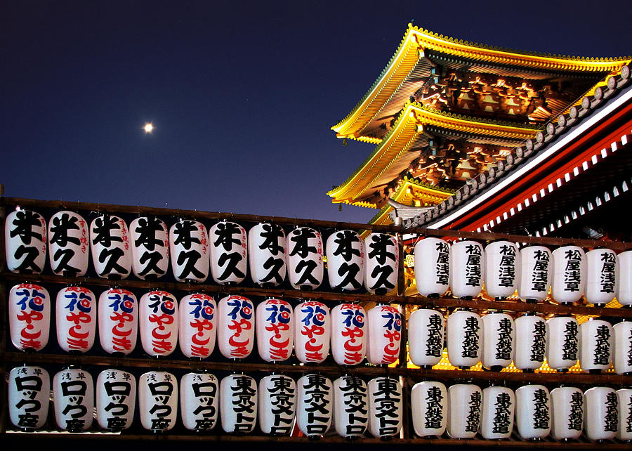 Asakusa Kannon Temple Pagoda and Lanterns at Night Photograph by Alexandra Till