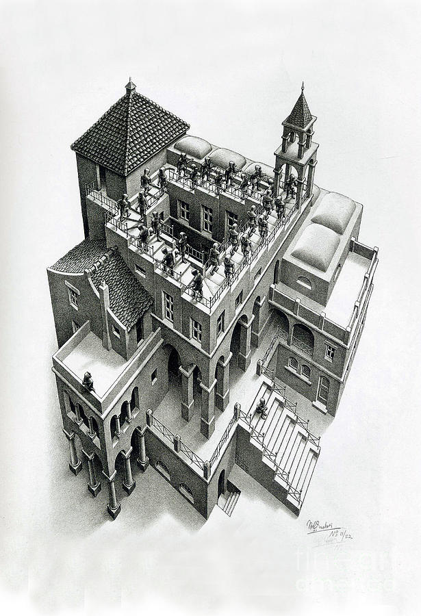 Black And White Drawing - Ascending and Descending by MC Escher