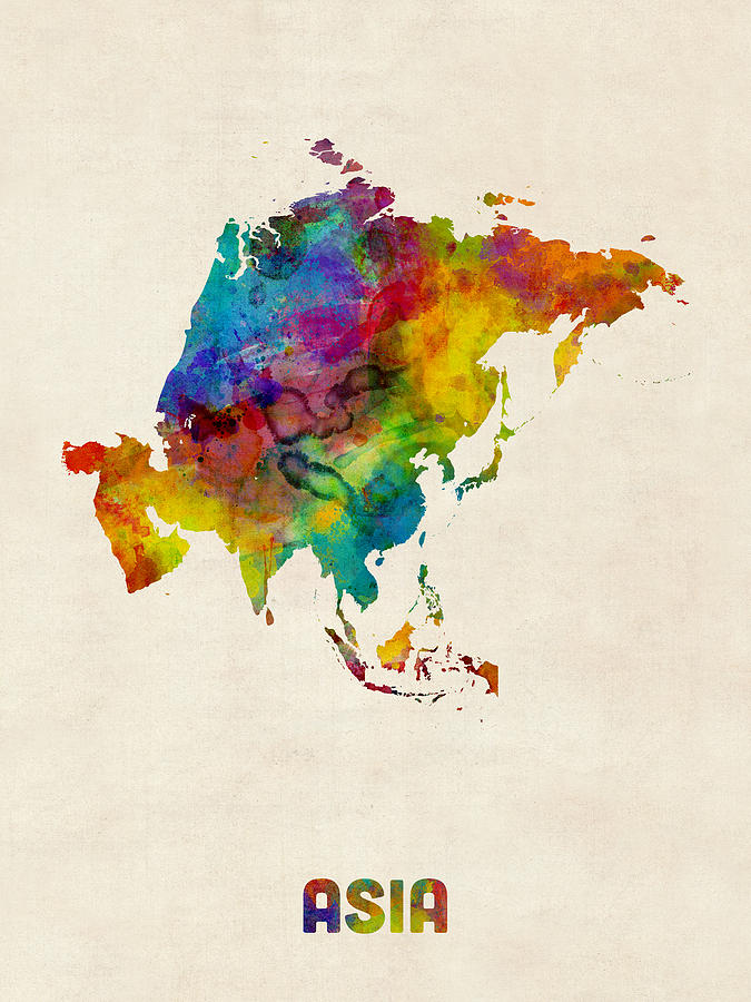 Asia Continent Watercolor Map Digital Art by Michael Tompsett