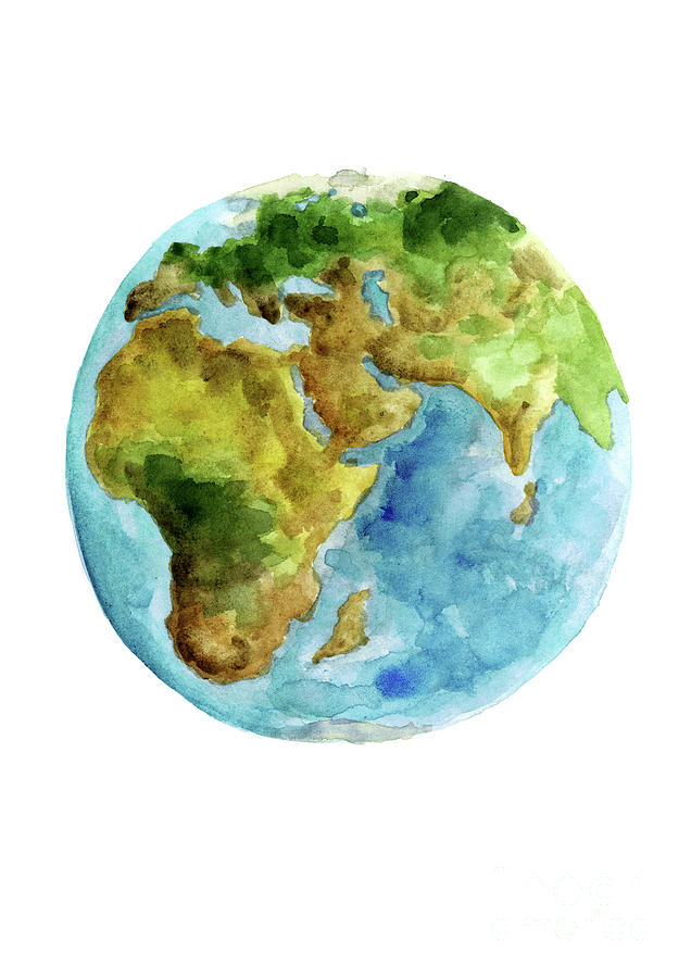 Watercolor Painting - Planet Earth, Asia Map Poster, Africa Map Watercolor Painting, Blue Green Yellow Globe Art Print by Joanna Szmerdt