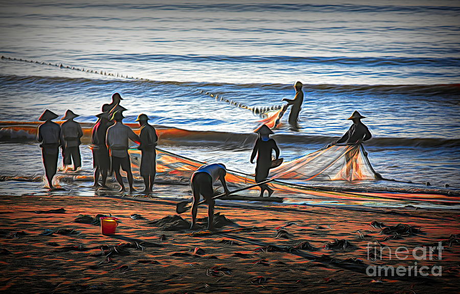 Asia Vietnamese Men Gathering Fishing Nets Thinh Long Beach  Photograph by Chuck Kuhn