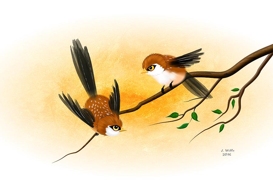 Sparrow Digital Art - Asian Art Two Little Sparrows by John Wills