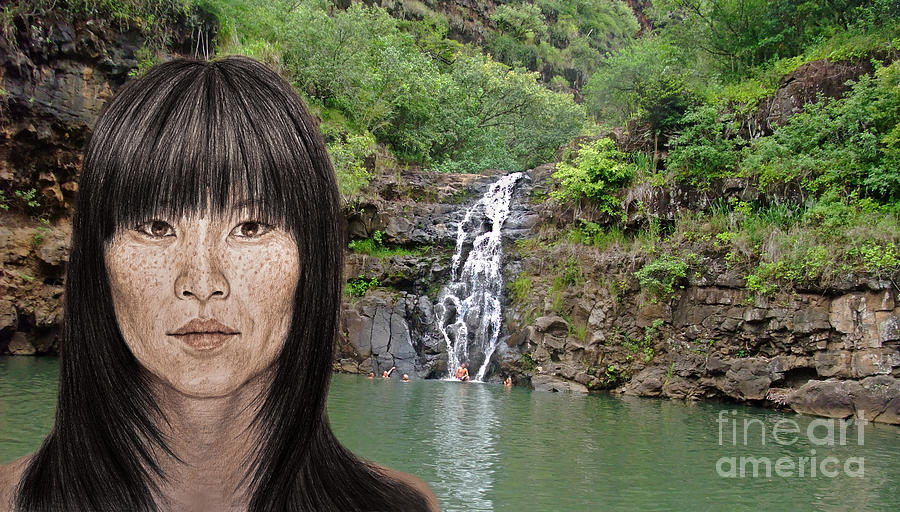 Tree Drawing - Asian Beauty By a Waterfall  by Jim Fitzpatrick