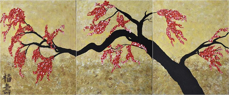 Asian Cherry Blossoms Flower Art- 3 Panels Art  Tree Decor Cherry Blossoms Acrylic Painting  Painting by Geanna Georgescu