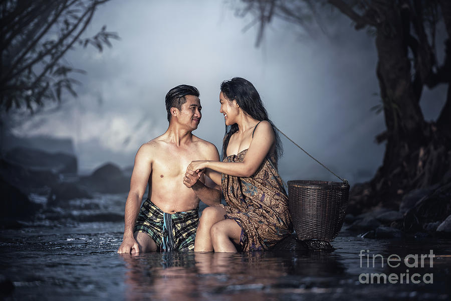 Asian Couple Bathing At Cascade Photograph By Sasin Tipchai Pixels