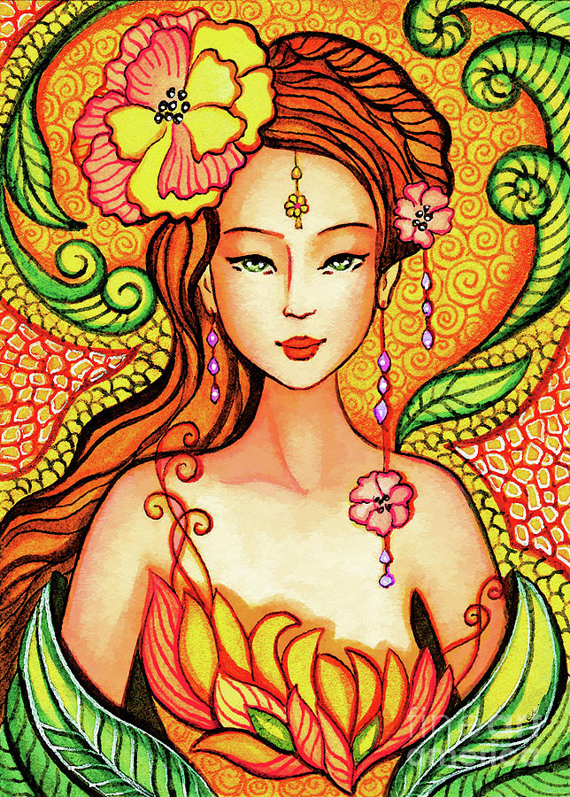 Asian Flower Mermaid Painting by Eva Campbell