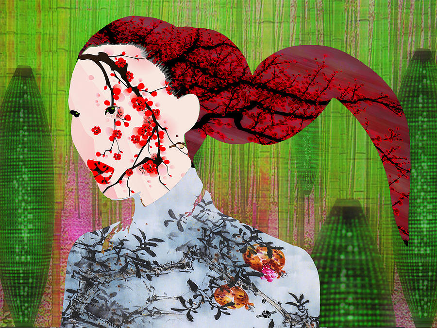 Asian Flower Woman Red Painting by Tony Rubino